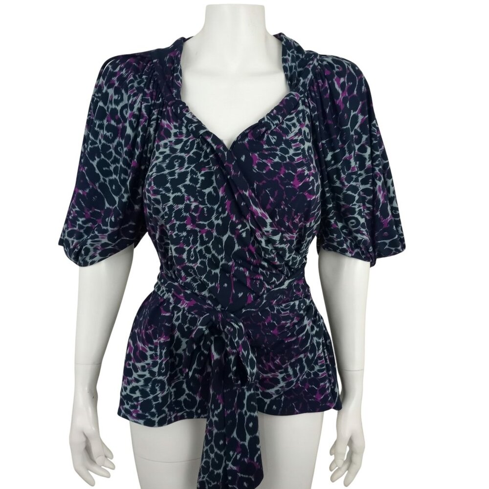 BCBG Max Azria Teal Purple Animal Print Tie Waist Pullover Blouse Womens M
